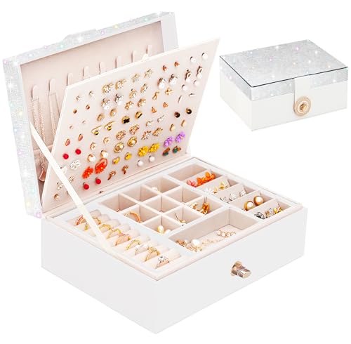 QBestry Jewelry Box for Earrings, Teen Girls Jewelry Organizer Box Earring Holder Organizer for Girls Jewelry Box Stud Earring Organizers for Girls Earrings Jewelry Boxes for Women Bling