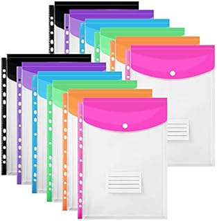TOOELMON Punched Pockets A4 Plastic Wallets 12 Pack A4 Folders Wallets Plastic Document Files Popper Wallets with Pocket