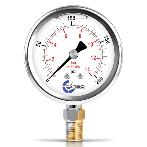 Image of 200 PSI Glycerin Liquid Filled Pressure Gauge, 2.5 inch Dial, 1 /4 NPT Lower Mount, 304 Stainless Steel Case, Brass Wetted Parts, Dual Scale PSI /Bar - ASME B40.1 Grade A