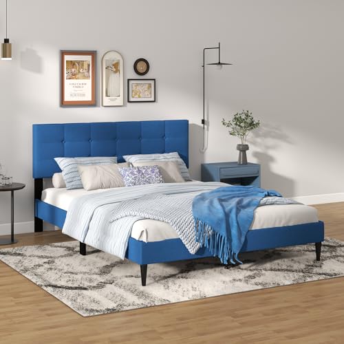 Giantex Queen Size Platform Bed Frame with Button Tufted Headboard and Wooden Slats, Modern Fabric Linen Upholstered Mattress Foundation, No Box Spring Needed, Easy Assembly, Navy Blue Giantex Queen Size Platform Bed Frame with Button Tufted Headboard and Wooden Slats, Modern Fabric Linen Upholstered Mattress Foundation, No Box Spring Needed, Easy Assembly, Navy Blue