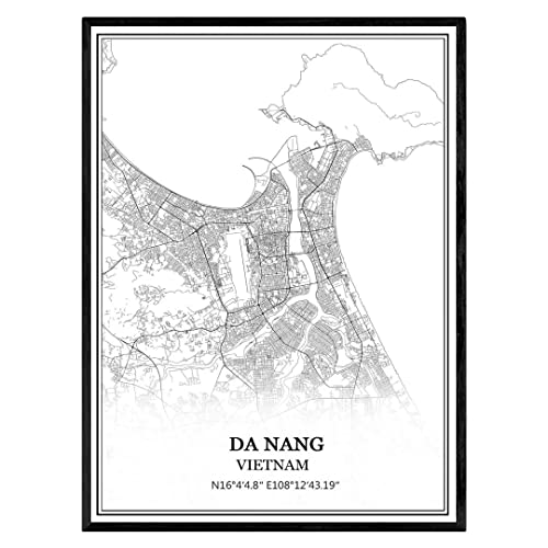 TANOKCRS Da Nang Viêt Nam Carte Art mural Toile Imprimer Affiche Sans cadre Moderne Noir et blanc Souvenir Cadeau Décoration de maison -12x16 inches