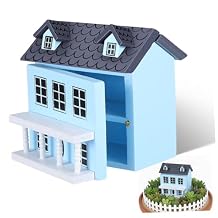 Milisten Scale Miniature Wooden Dollhouse Villa with Blue Walls and Gray Roof Compact Decorative Tiny House Figurine for Desktop Garden Balcony Miniature Decor Gift