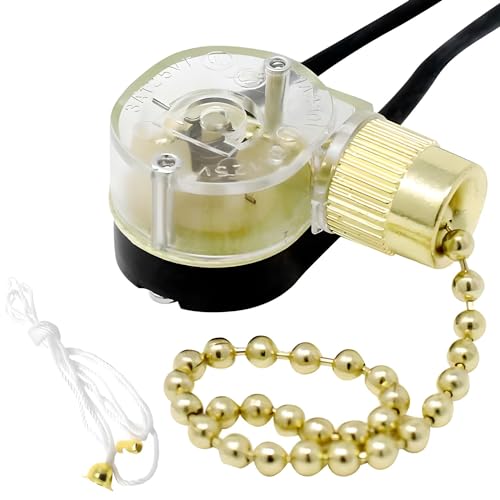 Zing Ear ZE-109 2 Wire Pull Chain Light Switch for Ceiling Fans Wall Lamps Canopy Light Fixtures Vanity Lights Table Lamps and Wall Sconces - Brass