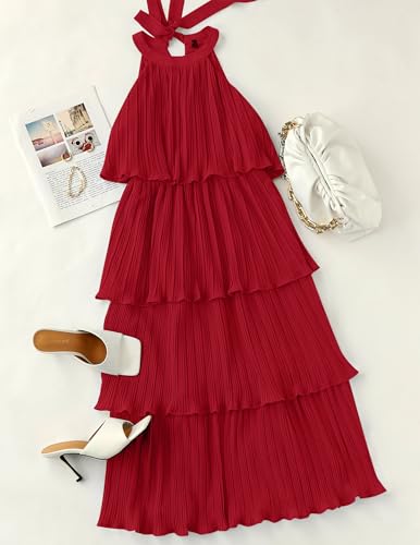Image of ZESICA Women's 2026 Summer Sleeveless Halter Neck Ruffle Tiered Layered Chiffon Flowy Swing Long Midi Dress