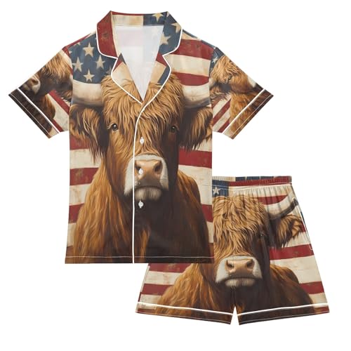 ALAZA Vintage Highland Cattle American Flag Satin Pajamas Set Short Sleeve Button Down Sleepwear Summer Pjs 2 Piece