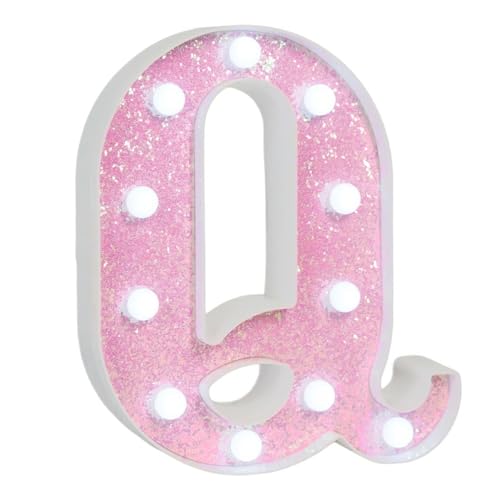 Image of Pink Glitter Marquee Light Up Letters, Battery Operated LED Letter Lights Signs for Pink Birthday Party Table Decorations, Wall Decor for Girls Bedroom, Initial Letter Q with Cool White Lights