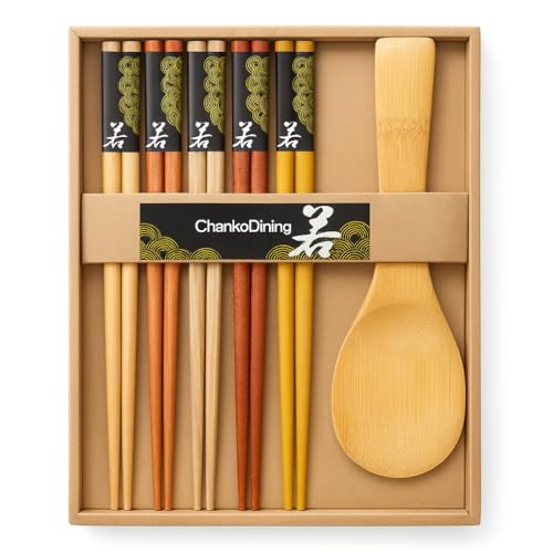 JapanBargain 2660, Wooden Chopsticks with Rice Paddle Scoop Gift Boxed Set Reusable Japanese Chinese Korean Bamboo Chop Sticks Dishwasher Safe