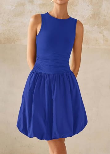 Image of KIRUNDO Summer Dresses for Women 2026 Cute Mini Sleeveless Bubble Dress | Stretchy Ruched Front Cinched Waist, Woven Balloon Skirt, Crewneck Tank Sundress With Pockets, Casual Party Vacation Outfits
