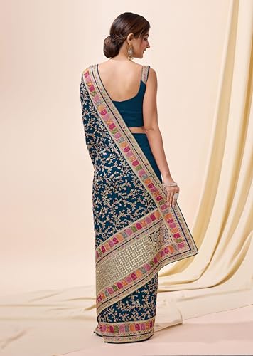 Image of TRENDMALLS Women's Vichitra Silk Heavy Embroidery With Siroski Stone Work Saree with Unstitch Blouse Piece For Women