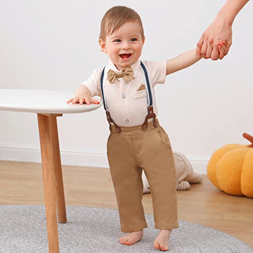 Image of nilikastta Baby Boy Wedding Outfits Infant Baby Boy Clothes Suit Dress Shirts /Suspender Pants /Bowtie /Beret Hat 0-18M