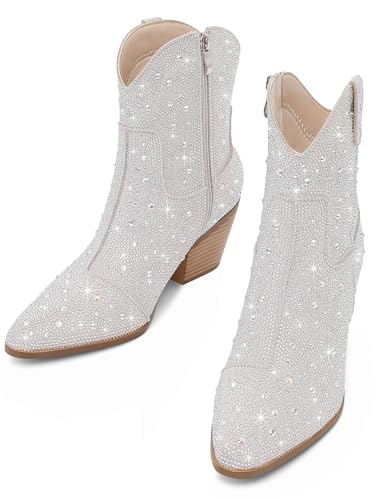 Cowgirl Ankle Boots Cowboy Boots for Women Western Booties Rhinestone Chunky Heel Fashion Comfortable Side Zipper3