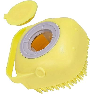 KOMUNJ Dog Cat Bath Brush, Pet Grooming Soothe Massage Brush, with Shampoo Dispenser Soft Silicone Bristle, for Short Haired Dogs Cats Shower