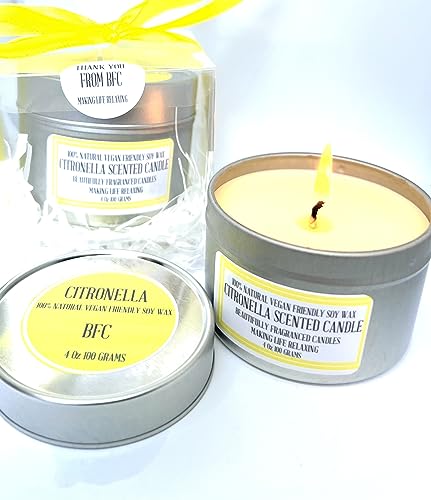 Image of Citronella Scented Soy Wax Candle - Handmade BFC - Citronella Scented 28 Hours Burn Time 4 Oz 100 Grams Soy Wax Candle Silver Brush Finish Tin. Citronella Scented