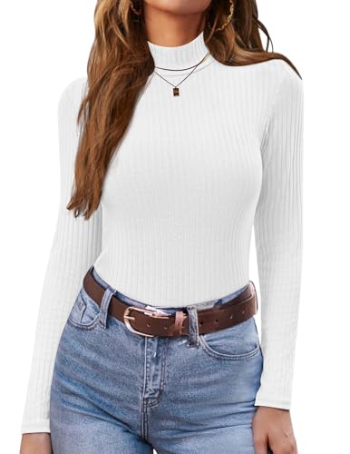 Ekouaer Women's Mock Turtleneck Long Sleeve Shirts Ribbed Knit Lightweight Pullover Sweater Stretch Fitted Thermal Top White L