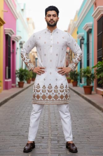 Image of Trustous Men's White Printed Kurta | Stylish Ethnic Wear Kurta for Men | Regular Fit Traditional Kurta | Festive, Wedding, Party & Casual Wear