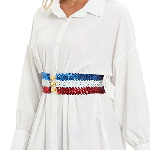 Women's Shiny Sequin Elastic Belt Wide Decorative Dress Belt Cute Belt For Girls With Metal Interlocking Buckle