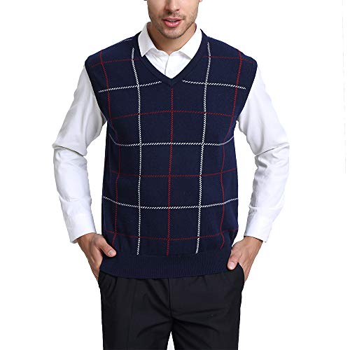 Kallspin Relaxed Fit Mens V-Neck Vest Knit Cashmere Sweater (Navy Blue, XXL)