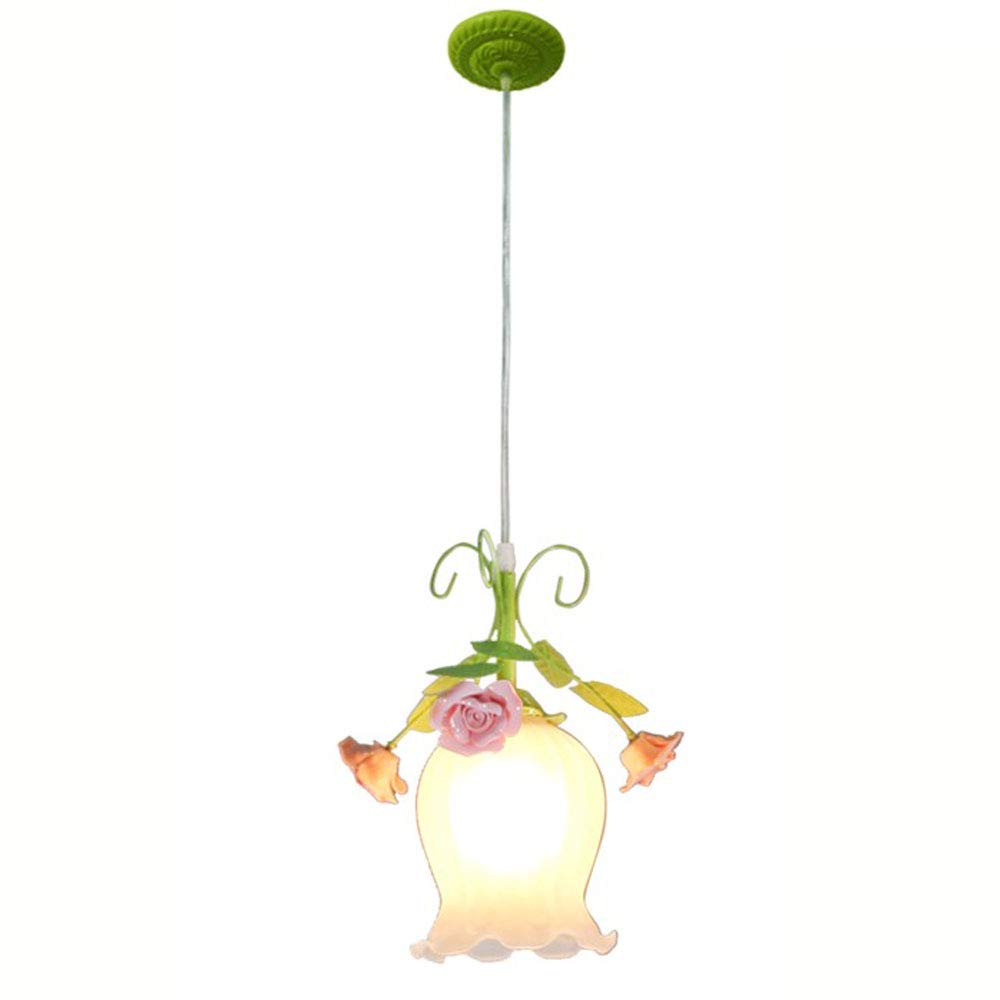 KXEcoLife Dining Room Ceiling Lamp Pink Ceramic Rose Green Metal Leaf White Glass Bar Counter Chandelier Balcony Porch Corridor Hanging Lighting Fixtures/Head/a