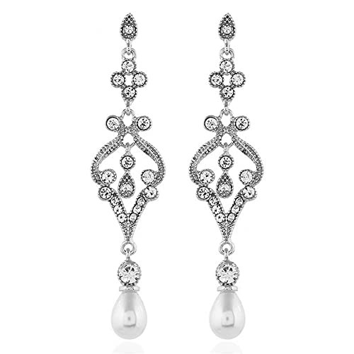 1920s Flapper Pearl Earrings Great Gatsby Pearl Tassel Earrings Vintage Cubic Zirconia Art Deco Dangle Earring for Women Wedding Party-B Style