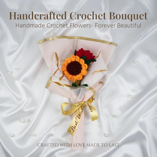 Image of HindCraft Handmade Crochet Flower Bouquet with Sunflower & Red Rose | Artificial Forever Flowers for Decoration | Handmade Gift for Wife, Women, Couples | Birthday Anniversary Wedding Gift