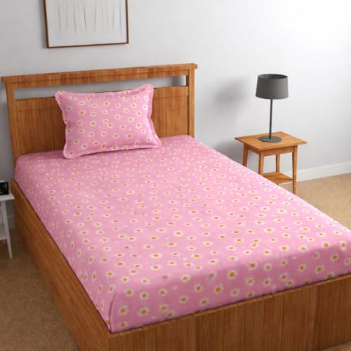 Image of 300 TC Glace Cotton Super Soft Fabric Single Size Bedsheet for Single Bed, Bedsheet Size 60 inches X 90 Inches, 152 x 228 cm with 1 Large Size Pillow Covers - Pink