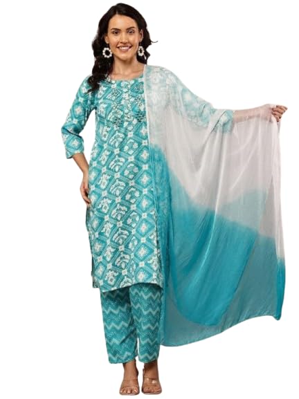 Women's Teal Printed Kurta with Palazzo and Ombre Dupatta, 3-Piece Salwar Suit Set-image-13