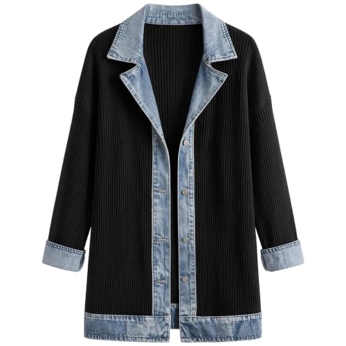Denim Blazer for Women Collared Patchwork Jackets Knit Cardigan - image 4