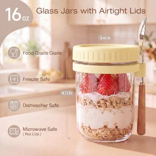 Image of 16oz Glass Overnight Oats Containers with Lids and Spoons, 4 Pack Yellow