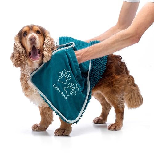 Lucky Paws® Chenille Dog Towel with Hand Pockets - UK Based Seller - Absorbent Microfibre Towel - Fast Drying - Super Soft - Machine Washable & Dryable - 88 x 32cm (Pack of 2, Teal) - Image 3