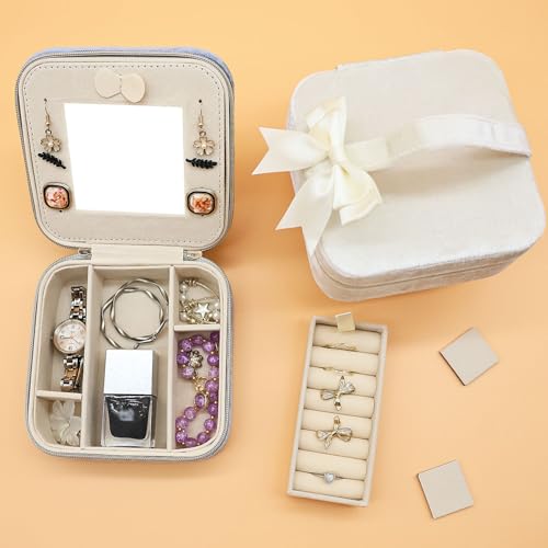 Cuifdem Travel Jewelry Organizer Small Jewelry Box With Mirror, Velvet Jewelry Travel Case for Women, Mini Jewelry Box for Girls Necklace Ring Earrings (Beige) - image 6