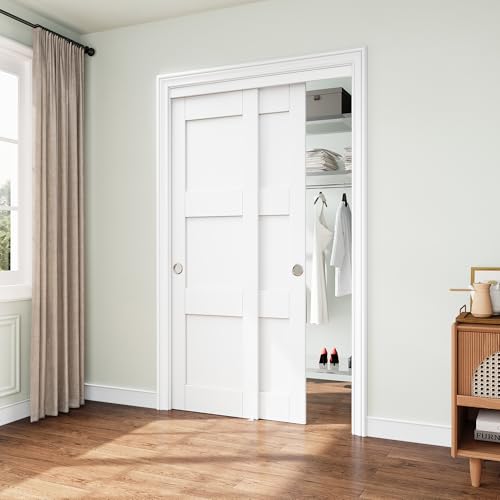 JUJUBON Closet Sliding Door, 48'×80'(Double Doors 25'), 3 Panel Sliding Door with Hardware Kit, Pre-Drilled Doors Panel, MDF with Paintable Surface, Need to Assemble, White