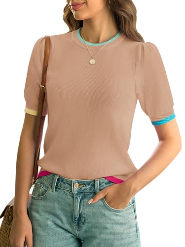 Image of Yousify Womens Puff Short Sleeve Sweater Top Summer Trendy Crew Neck Casual T Shirts Blouses