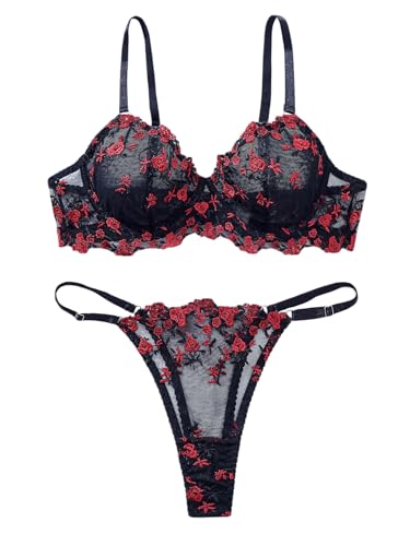 Image of Sexy Floral Embroidered Flower Mesh Underwire Push Up Lingerie Set