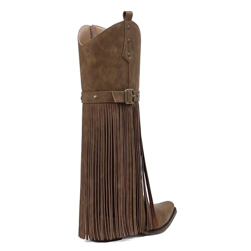 Image of Cowgirl Boots for Women Retro Pointed Toe Pull On Block Chunky Heel Embroide Tassel Country Concert Outfits Mid Calf Western Fringe Cowboy Boots