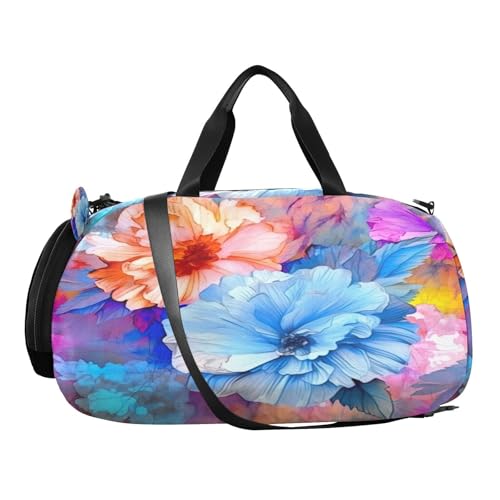 YETTASBIN Sport Travel Duffel Bag for Girls Boys, Watercolor Flower Large Waterproof Weekender Overnight Bag, Detachable Shoulder Strap Gym Bag with Shoe Compartment & Wet Pocket2