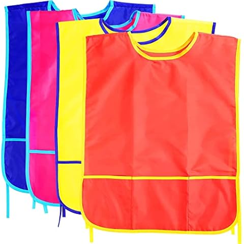 4 Smock for Kids,Children Waterproof Art Smock Painting Feeding, Kids Painting Apron Handwor,Toddler Paint Smock for Age 3~6, Yellow,blue,orange,pink, XL Cover