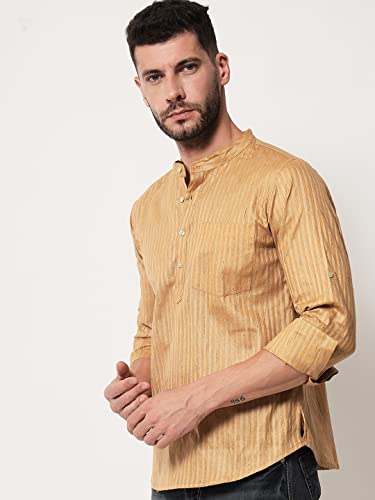 Image of Vastraa Fusion Men's Handloom Weaving Pure Cotton Short Kurta, Round Collar, Full Sleeves,Button Kurta, Ethnic Wear