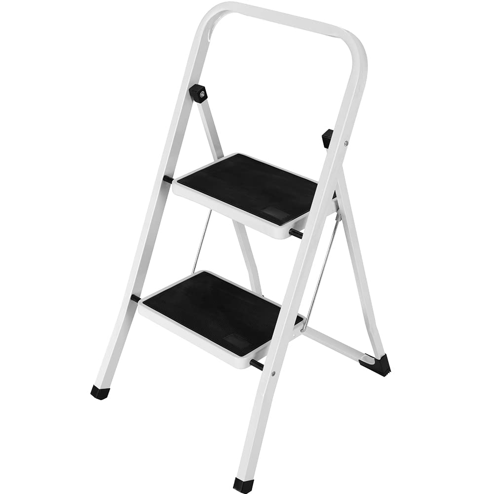 Bakaji White Space-Saving Square Folding Step Ladder With Non-Slip Steps And Safety Handle Stool, Steel Structure And Rubber Coating Maximum Load 150 Kg (2 Steps)