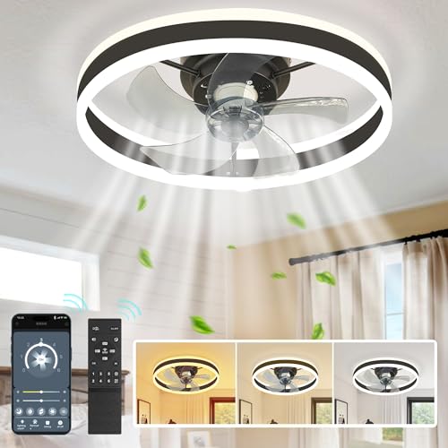 Isloys Ceiling Fans with Lights and Remote 20", Low Profile Ceiling Fan, Stepless Dimmable 3 Color and 6 Wind Speeds, Modern Flush Mount Ceiling Fans for Bedroom, Kitchen and Living Room
