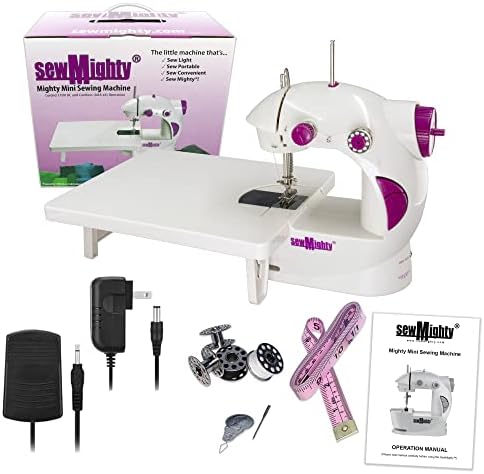 Sew Mighty Mini Sewing Machine for Kids, Beginners, Travel & More – Light, Portable, Battery Powered – Ideal for Traveling, Quick Repairs, Small Projects & Children – Dual-Speed, AC & DC Operation, Foot Pedal Controller & More