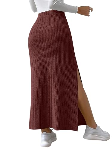 Rooscier Women's Side Slit Ribbed Knit Bodycon High Waisted Casual Long Skirts2