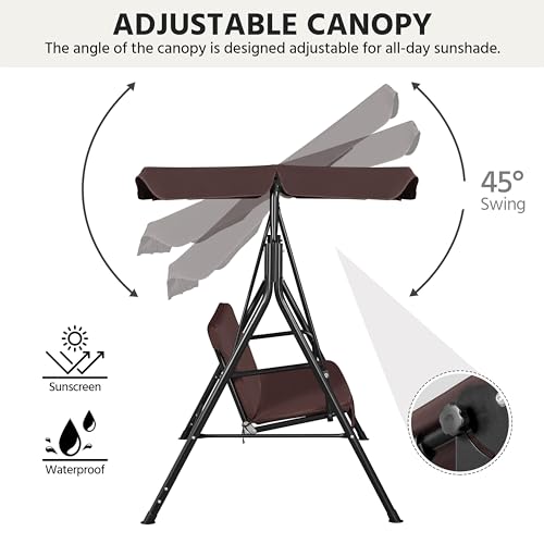 Image of Yaheetech 3-Seat Patio Swing Chair, Adjustable Canopy & Cushion, Dark Brown | Outdoor Glider Swing, 550lb Capacity, Tilting Sunshade, Anti-Slip Pads, Weather-Resistant Fabric, Ez up, Sturdy A-Frame