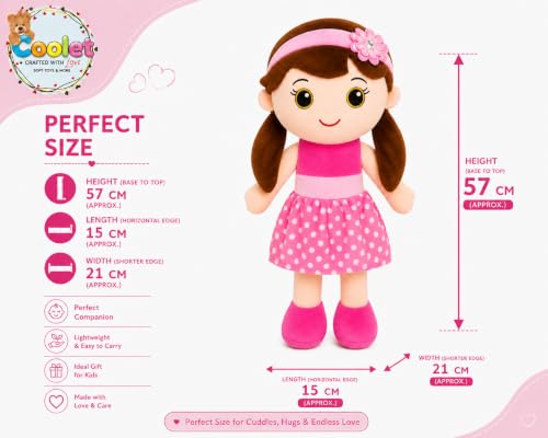 Image of Soft Plush Doll for Kids | Cute Rag Doll with Braided Hair & Cap | Washable Stuffed Toy for Girls & Boys | Birthday Gift for Kids (Multicolor) (Pink dots)