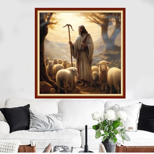 Image of Funxvoot Stamped Cross Stitch Kits Beginners Full Range of Embroidery Kits for Adults 11CT Embroidery Patterns Needlepoint Kits Printed Cross Stitch Kits - (Jesus Shepherds Sheep 18x18 inchs)