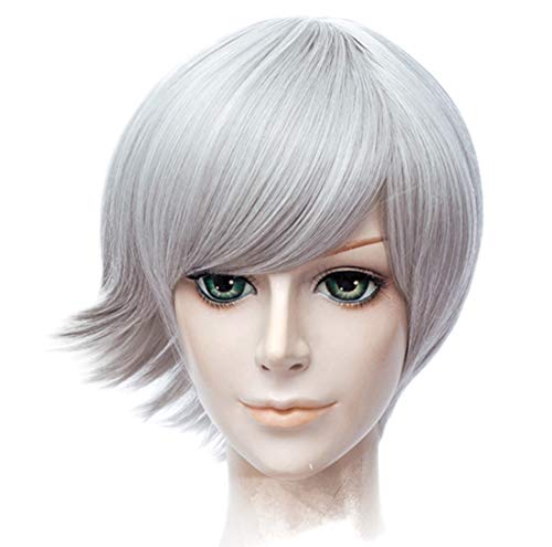 Aicos Unisex Short Straight/Spiky Silver White Fluffy Anime Cosplay Costumes Wigs +Free Wig Cap