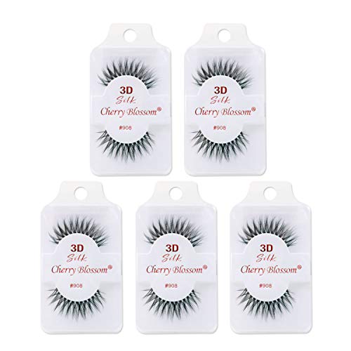 Cherry Blossom 3D Silk Eyelashes Style #908 Bella, Dramatic Crisscross Spiky False Lashes with Flexible Cotton Band, Reusable Faux Mink Falsies, Natural Black (5 Pack of Silk 908)