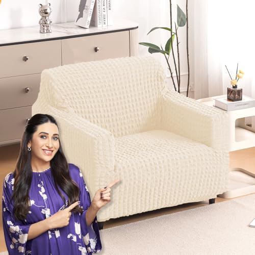 Image of HOKIPO 'Aria Nova' Elastic Stretchable 280 GSM Bubble Sofa Cover for 1 Seater, Light Cream (AR-6208-CRM)