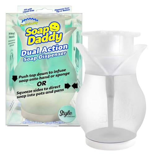 Dispenser Sapone Cucina a Fiore a Doppia Azione - Questo erogatore sapone liquido eroga il sapone in due modi. Premendo la parte superiore si può applicare il sapone direttamente sulla spugna, sullo spazzolone o sulla mano. In alternativa, premere il lato per sparare il sapone nei vasi per il lavaggio o l'ammollo