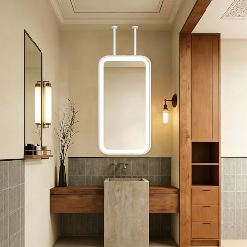 Renmlion Espejo Rectangular para Colgar en el Techo｜Espejo de Maquillaje para tocador de baño LED Espejos iluminados Grandes montados en la Pared｜Espejos Decorativos con Marco de Metal(50cmx60cm)