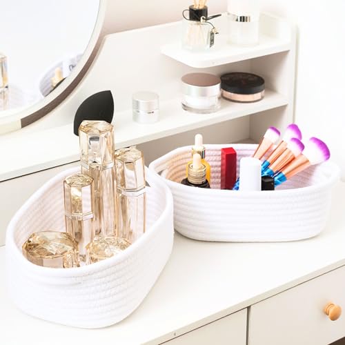 Image of MINTWOOD Design 5-Piece Small Decorative Woven Storage Baskets Set for Shelves and Catch All Tray with Handles for Organizing Gifts, Dog and Cat Toys, Bathroom Accessories, Full White
